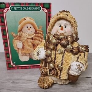 Vintage 2000 Joelson Ind. 8" Gold Sparkly Snowman Resin Festive Holiday Cheer